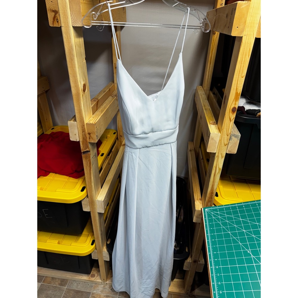 After Six 1514 Mist Blue Crepe V-Neck Spaghetti Strap Bridesmaid Gown 12R